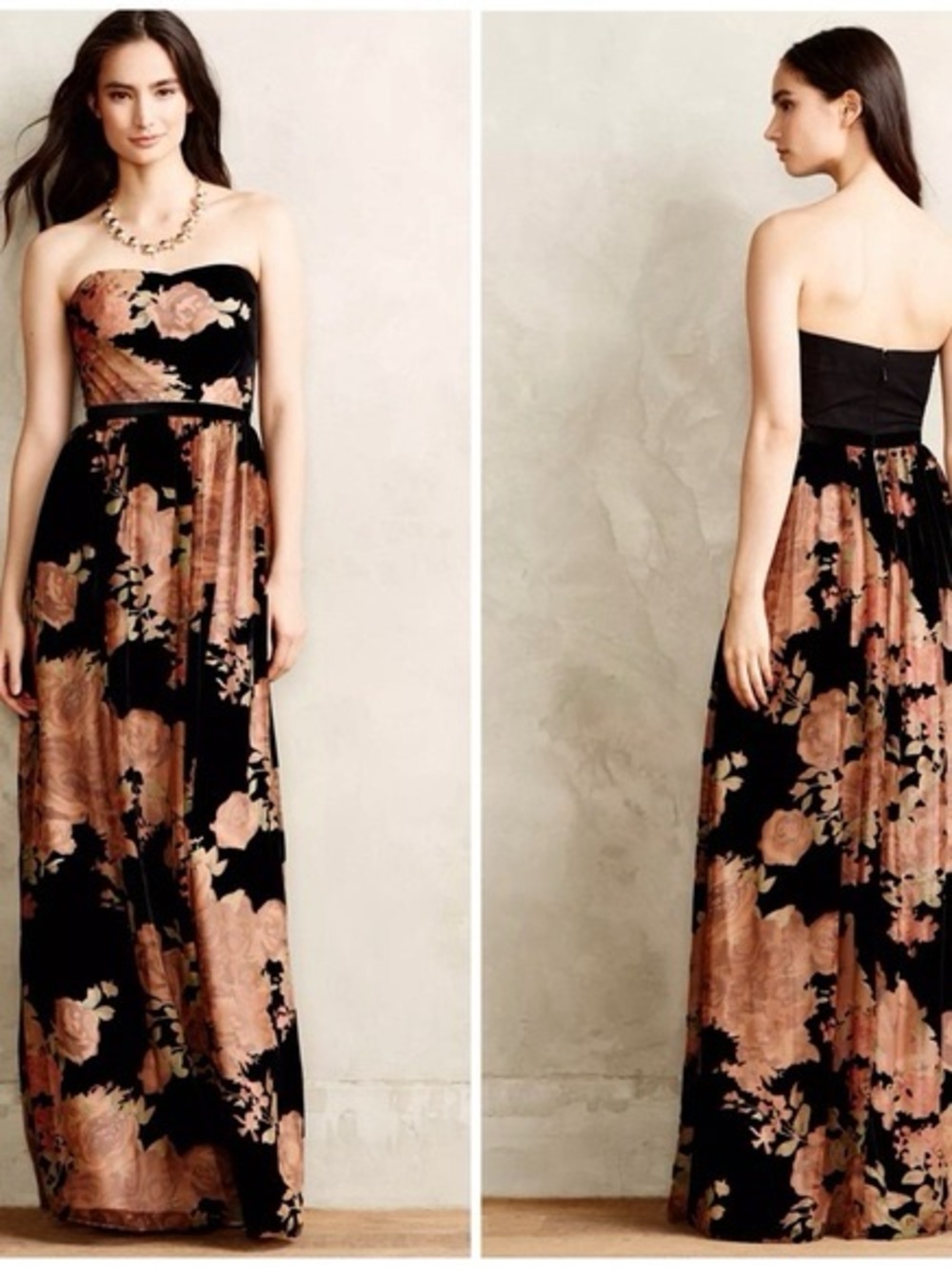 Anthropologie Erin Feathersten Strapless Black Floral Velvet Maxi Dress